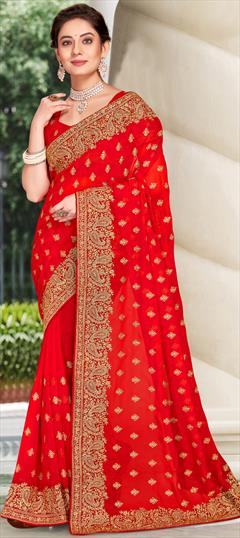 Festive, Party Wear, Reception Red and Maroon color Saree in Georgette fabric with Classic Embroidered, Stone, Thread, Zari work : 1828398