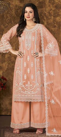 Festive, Party Wear Orange color Salwar Kameez in Net fabric with Pakistani, Palazzo, Straight Embroidered, Thread, Zari work : 1828399