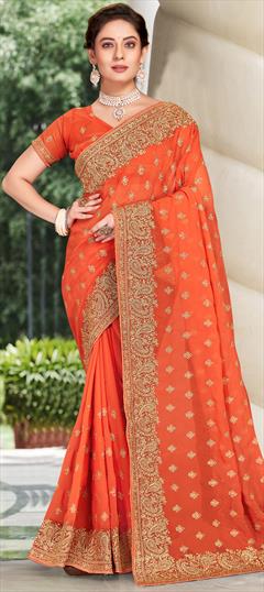 Festive, Party Wear, Reception Orange color Saree in Georgette fabric with Classic Embroidered, Stone, Thread, Zari work : 1828401