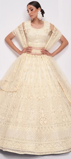 Bollywood White and Off White color Lehenga in Net fabric with A Line Embroidered, Sequence, Stone, Thread work : 1828416