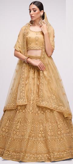 Bridal, Wedding Beige and Brown color Lehenga in Net fabric with A Line Embroidered, Sequence, Stone, Thread work : 1828417