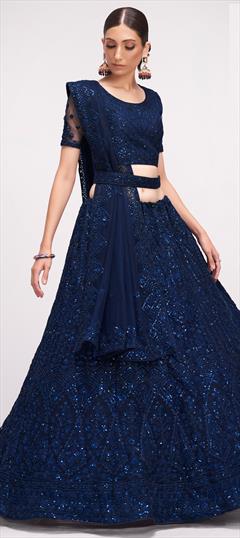 Bridal, Wedding Blue color Lehenga in Net fabric with A Line Embroidered, Sequence, Stone, Thread work : 1828418