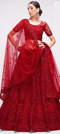 Bridal, Wedding Red and Maroon color Lehenga in Net fabric with A Line Embroidered, Sequence, Stone, Thread work : 1828423