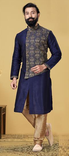 Blue color Kurta Pyjamas in Dupion Silk fabric with Embroidered, Thread work : 1828449