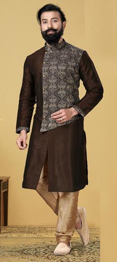 Beige and Brown color Kurta Pyjamas in Dupion Silk fabric with Embroidered, Thread work : 1828453