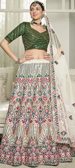 Bridal, Wedding White and Off White color Lehenga in Silk fabric with A Line Embroidered, Resham, Sequence, Thread work : 1828455
