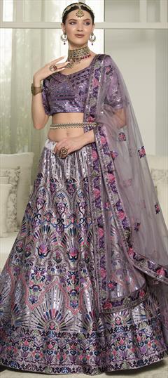 Bridal, Wedding Purple and Violet color Lehenga in Silk fabric with A Line Embroidered, Resham, Sequence, Thread work : 1828460
