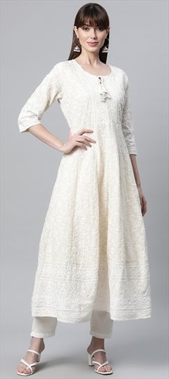 Casual White and Off White color Gown in Cotton fabric with Anarkali Sequence, Thread work : 1828526
