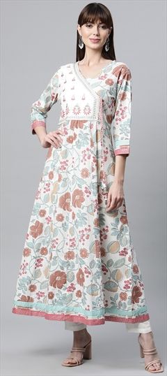 Casual Blue, White and Off White color Gown in Cotton fabric with Anarkali Printed work : 1828533