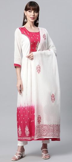 Casual Pink and Majenta, White and Off White color Gown in Cotton fabric with Anarkali Embroidered, Mirror, Printed, Thread work : 1828537