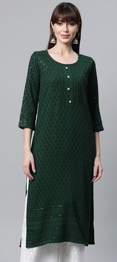 Casual Green color Kurti in Rayon fabric with Straight Sequence, Thread work : 1828557