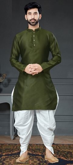 Green color Dhoti Kurta in Art Silk fabric with Embroidered, Thread work : 1828559