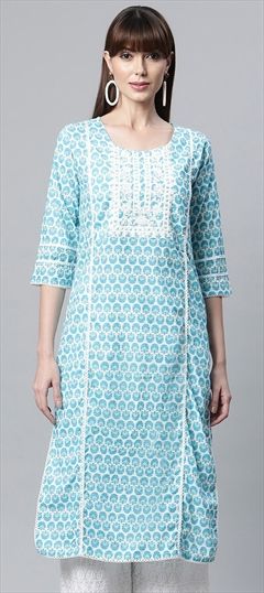 Casual Blue color Kurti in Cotton fabric with Straight Printed, Sequence, Thread work : 1828608