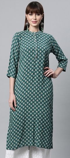 Casual Green color Kurti in Rayon fabric with Straight Printed, Zari work : 1828614