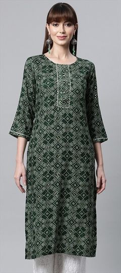 Casual Green color Kurti in Rayon fabric with Straight Printed, Zari work : 1828620