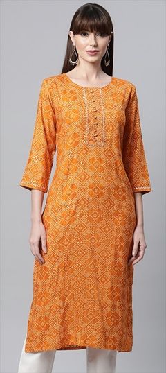 Casual Orange color Kurti in Rayon fabric with Straight Printed, Zari work : 1828621