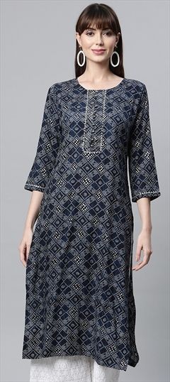 Casual Blue color Kurti in Rayon fabric with Straight Printed, Zari work : 1828622
