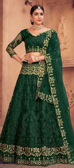 Designer, Engagement, Reception, Wedding Green color Lehenga in Net fabric with Classic Embroidered, Stone work : 1829200