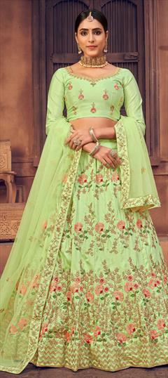 Designer, Engagement, Mehendi Sangeet, Wedding Green color Lehenga in Taffeta Silk fabric with Classic Embroidered, Stone work : 1829204