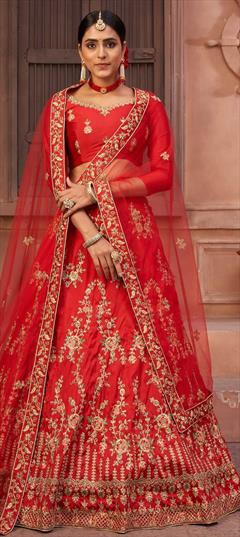 Bridal, Reception, Wedding Red and Maroon color Lehenga in Taffeta Silk fabric with Classic Embroidered, Stone work : 1829206