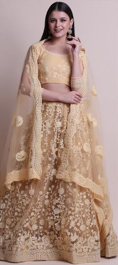 Bollywood, Party Wear Beige and Brown color Lehenga in Net fabric with Embroidered, Stone work : 1829223