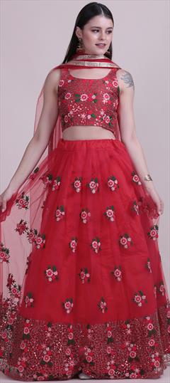 Festive, Party Wear Red and Maroon color Lehenga in Net fabric with Embroidered, Sequence work : 1829226