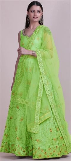 Designer, Party Wear Green color Lehenga in Taffeta Silk fabric with Embroidered, Zari work : 1829227
