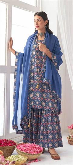 Designer Blue color Salwar Kameez in Muslin fabric with Palazzo Digital Print, Floral work : 1829276