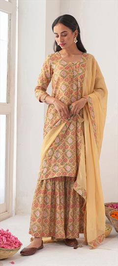 Designer Yellow color Salwar Kameez in Muslin fabric with Palazzo Digital Print, Floral work : 1829278