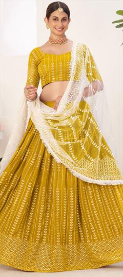 Designer, Engagement, Party Wear Yellow color Lehenga in Georgette fabric with Classic Sequence, Thread work : 1829281