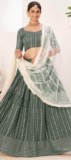 Designer, Engagement, Party Wear Green color Lehenga in Georgette fabric with Classic Sequence, Thread work : 1829282