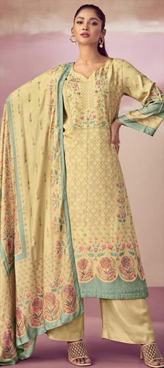 Engagement, Festive, Wedding Yellow color Salwar Kameez in Pashmina fabric with Palazzo Digital Print, Floral work : 1829298