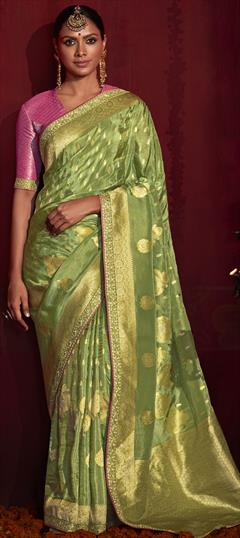 Festive, Reception, Wedding Green color Saree in Cotton fabric with Bengali Border, Embroidered, Lace, Resham, Zari work : 1829596