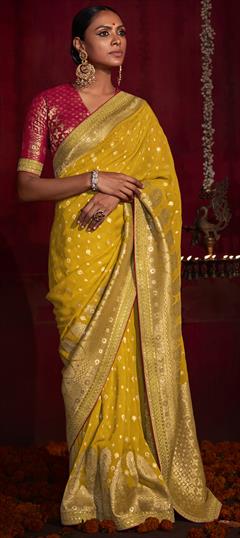 Festive, Traditional, Wedding Yellow color Saree in Cotton fabric with Classic Border, Embroidered, Lace, Resham, Zari work : 1829600