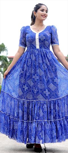 Festive, Party Wear, Reception Blue color Gown in Georgette fabric with Bandhej, Border, Digital Print, Mirror work : 1829664