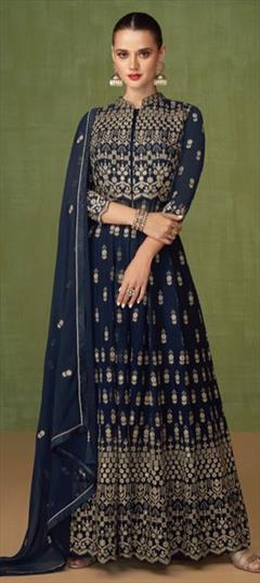 Festive, Party Wear, Reception Blue color Salwar Kameez in Faux Georgette fabric with Anarkali Embroidered, Thread work : 1829670