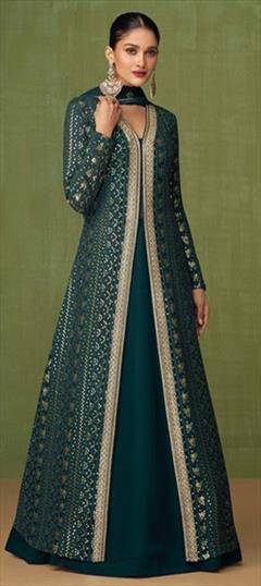 Festive, Party Wear, Reception Green color Salwar Kameez in Faux Georgette fabric with Anarkali Embroidered, Thread work : 1829672