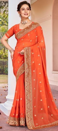 Festive, Party Wear, Reception Orange color Saree in Georgette fabric with Classic Embroidered, Stone, Thread, Zari work : 1829753
