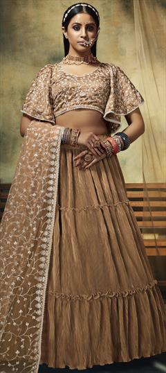 Festive, Wedding Beige and Brown color Long Lehenga Choli in Satin Silk fabric with A Line Embroidered, Thread work : 1829794