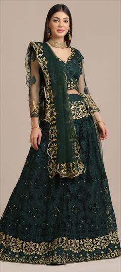 Designer, Party Wear, Reception, Wedding Green color Lehenga in Net fabric with Classic Embroidered, Moti work : 1829838
