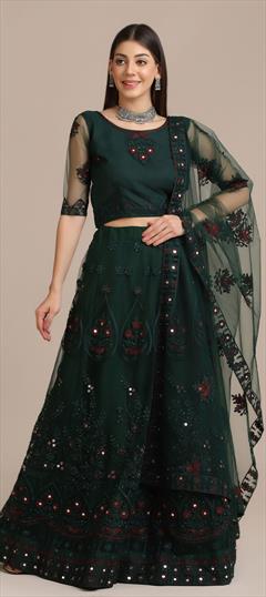 Designer, Party Wear, Reception, Wedding Green color Lehenga in Net fabric with Classic Embroidered, Mirror, Stone work : 1829875