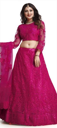 Reception, Wedding Pink and Majenta color Lehenga in Net fabric with Classic Embroidered, Stone work : 1829888