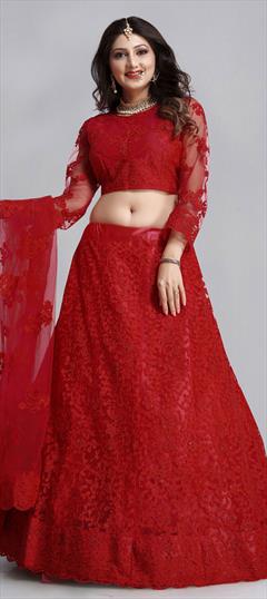 Bridal, Reception, Wedding Red and Maroon color Lehenga in Net fabric with Classic Embroidered, Stone work : 1829890