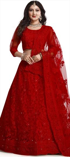 Bridal, Reception, Wedding Red and Maroon color Lehenga in Net fabric with Classic Embroidered, Stone work : 1829891