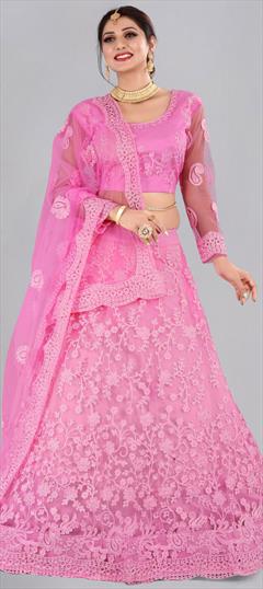 Engagement, Mehendi Sangeet, Reception Pink and Majenta color Lehenga in Net fabric with A Line Embroidered work : 1829916