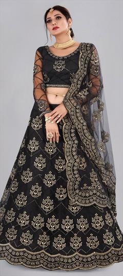 Engagement, Mehendi Sangeet, Reception Black and Grey color Lehenga in Net fabric with A Line Embroidered work : 1829919
