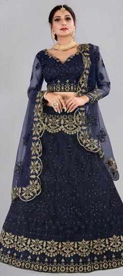 Engagement, Mehendi Sangeet, Reception Blue color Lehenga in Net fabric with A Line Embroidered work : 1829920