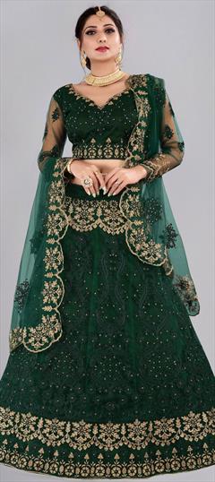 Engagement, Mehendi Sangeet, Reception Green color Lehenga in Net fabric with A Line Embroidered work : 1829921