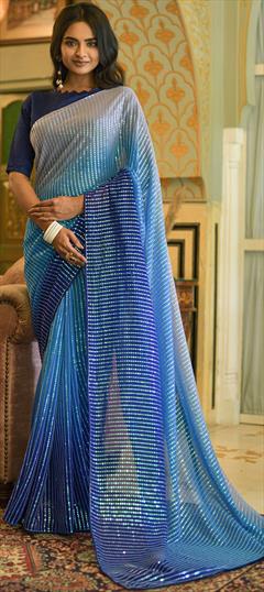 Festive, Party Wear Blue color Saree in Georgette fabric with Classic Embroidered, Sequence, Thread work : 1830004