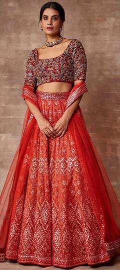 Festive, Reception, Wedding Red and Maroon color Lehenga in Organza Silk fabric with A Line Embroidered, Mirror work : 1830095